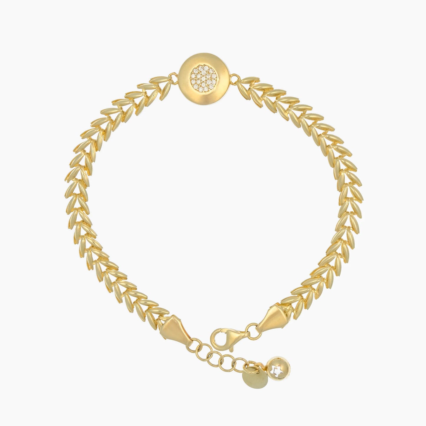 Elegantes Armband aus 14 Karat Gold im Weizenähren-Design, verziert mit einem funkelnden Zirkonia-Anhänger, der für einen edlen und luxuriösen Look sorgt.