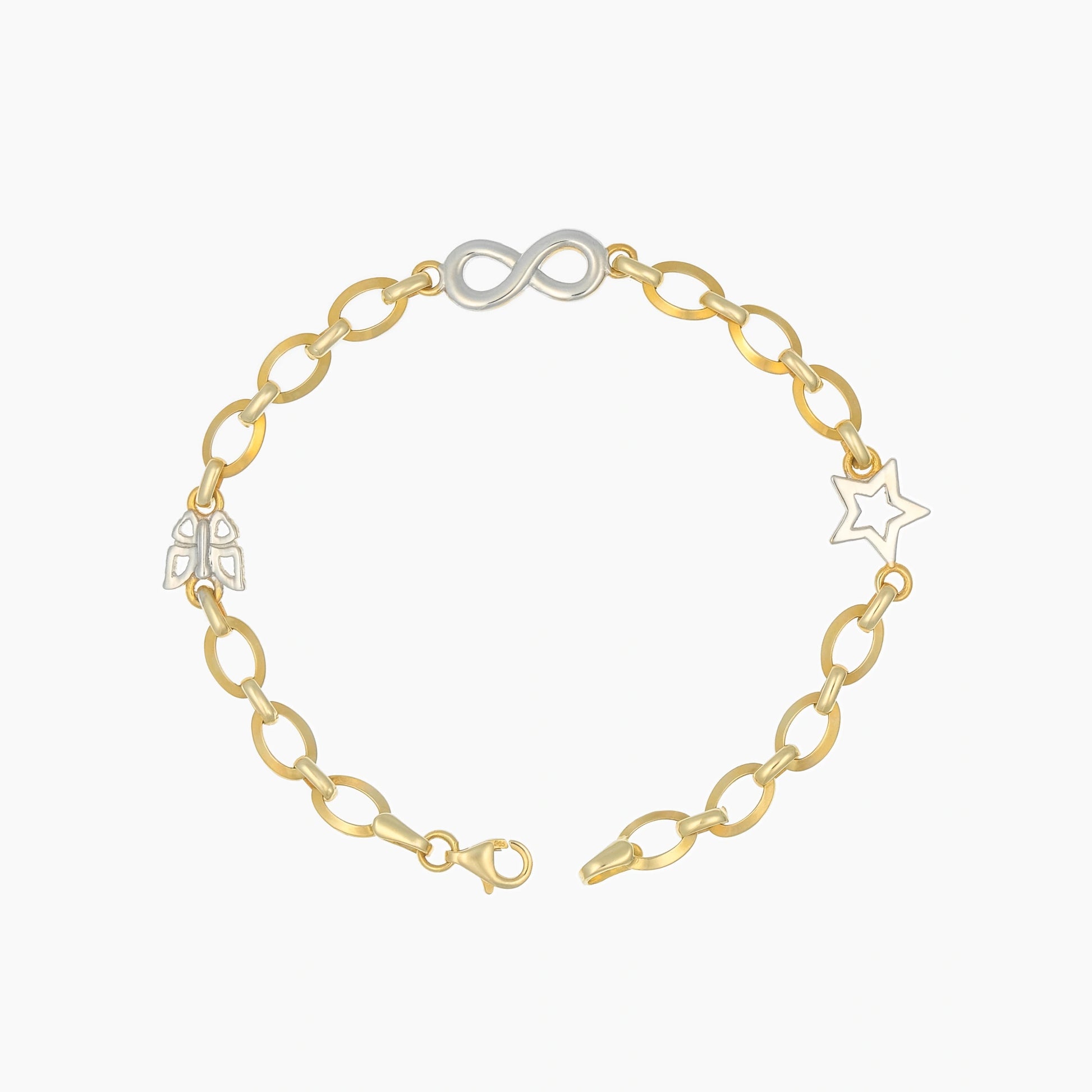 Ankerkette-Armband aus Gelbgold mit drei Weißgold-Charms: Schmetterling, Stern und Unendlichkeit, Länge 17,5 cm