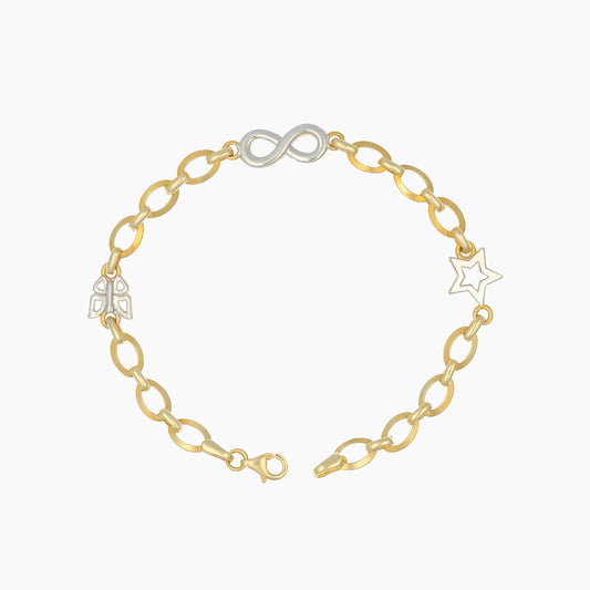 Ankerkette-Armband aus Gelbgold mit drei Weißgold-Charms: Schmetterling, Stern und Unendlichkeit, Länge 17,5 cm