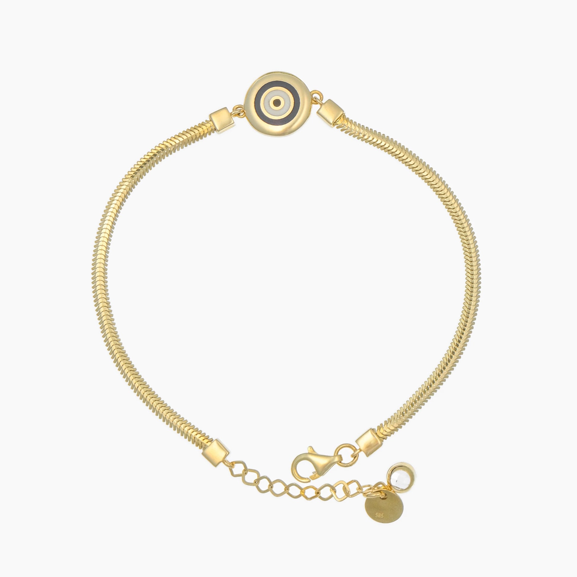 14 Karat Gold Armband mit Schlangenkette und Nazar-Auge Anhänger, der Schutz und Glück symbolisiert. Elegantes Design, das sowohl im Alltag als auch zu besonderen Anlässen getragen werden kann.