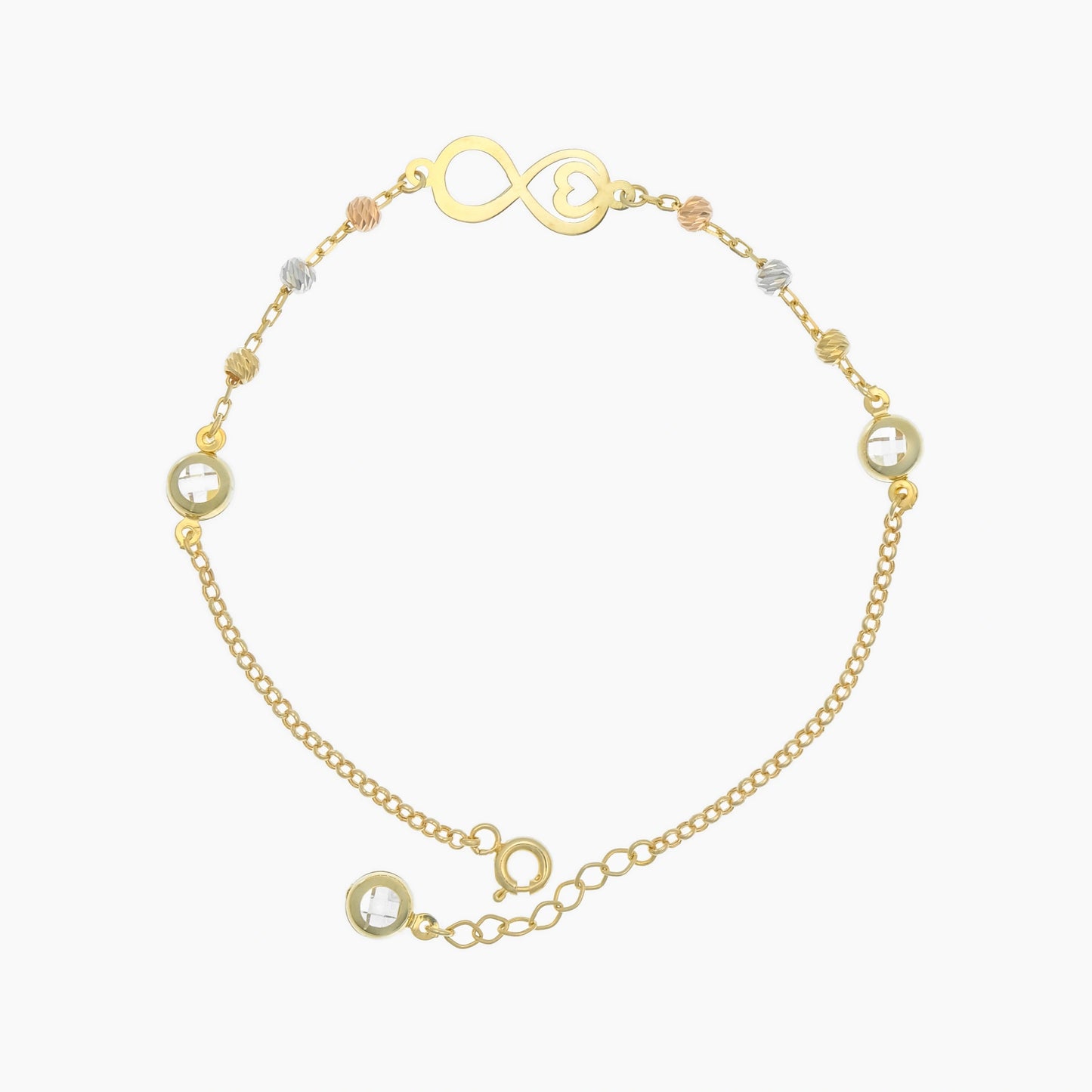 14 Karat Gold Armband mit drei farbigen Kugeln in Gold, Rosé und Weiß, und einem Unendlichkeitssymbol mit Herz, das Liebe und Ewigkeit symbolisiert.