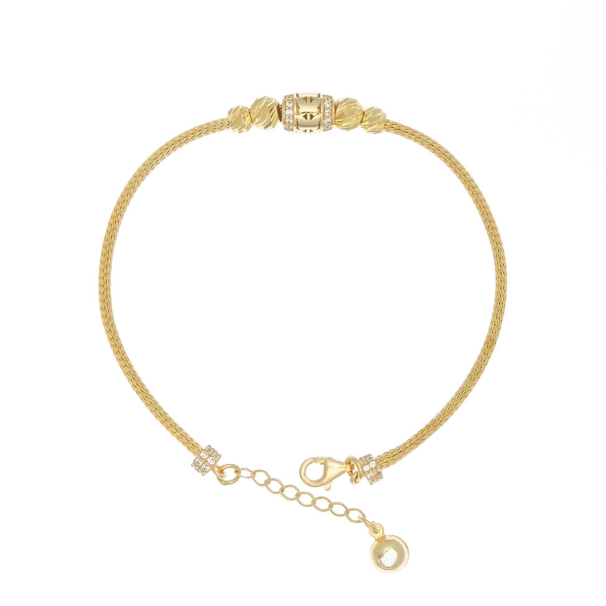 Echtgold-Schlangenkette-Armband mit zylindrischem Anhänger, besetzt mit Steinen und Schmetterling, 14K Gold, Länge 16 cm + 2,5 cm Verlängerung