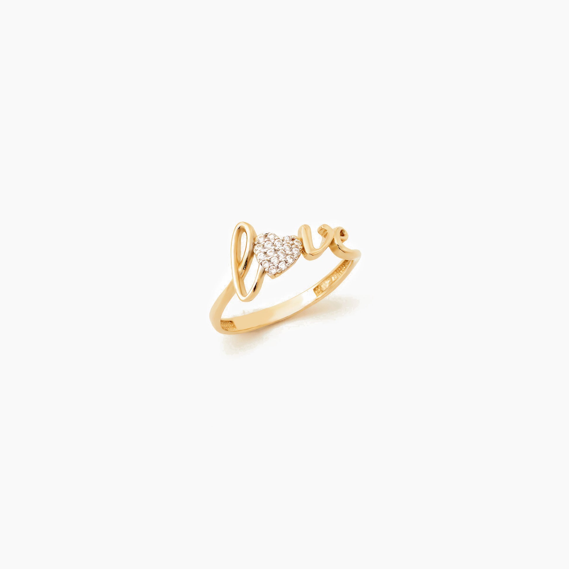 Caelum 14K Goldring mit „Love“-Schriftzug und herzförmigem Zirkonia-Design. Hochglanzpoliert, Größen 52-58.