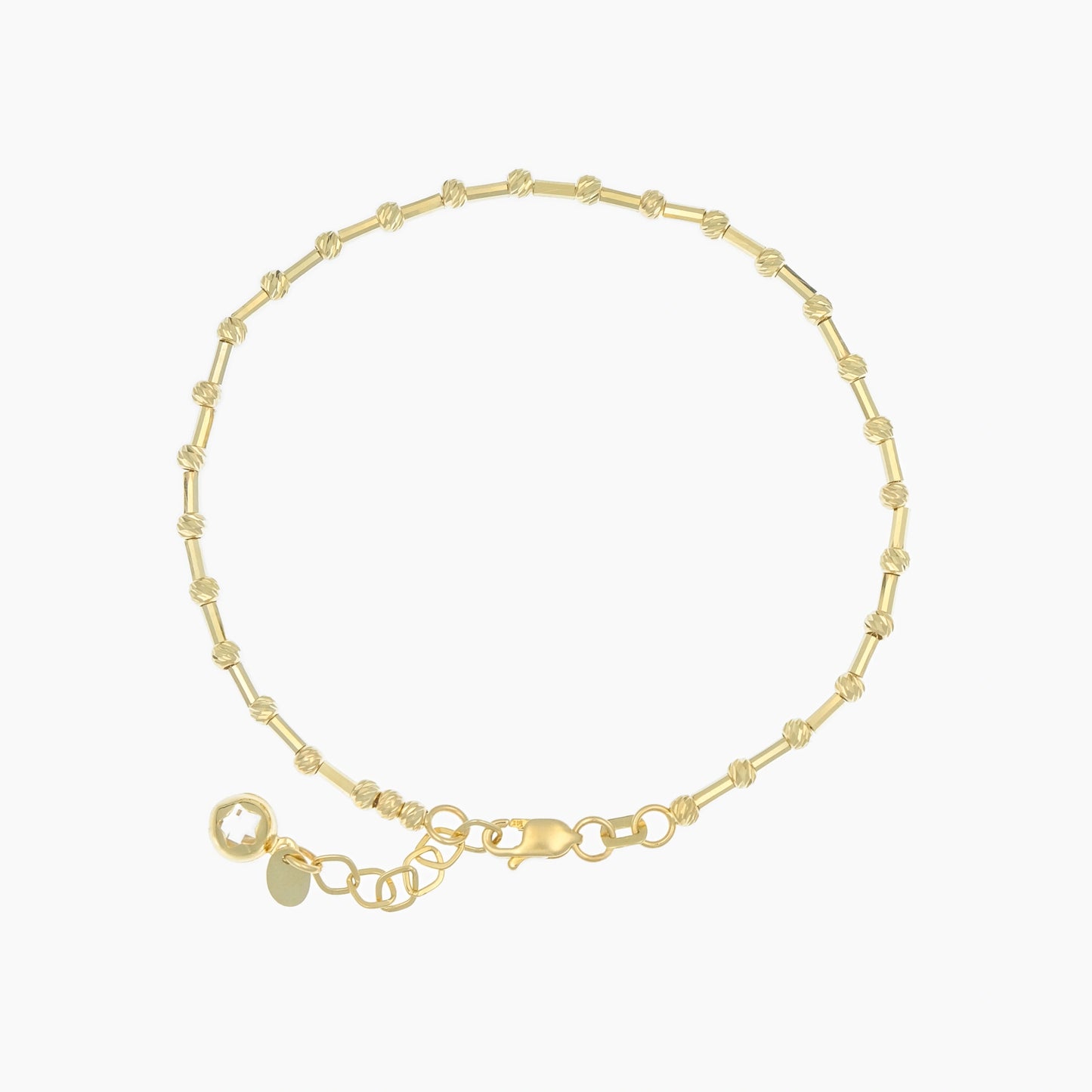 Armband aus Kugeln und sechseckigen Zylindern in 14K Echtgold, Länge 17 cm + 2 cm Verlängerung, Karabinerverschluss