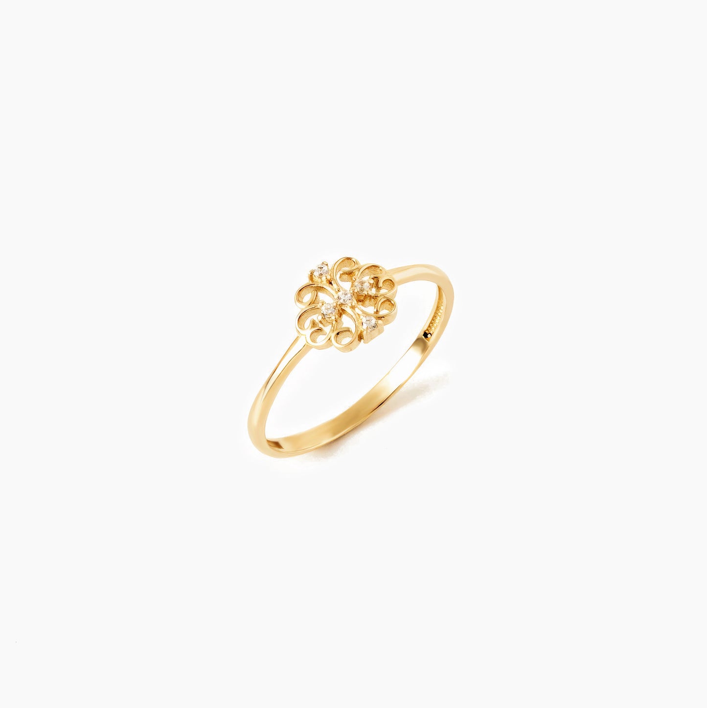 Livia 14K Goldring mit floralem Zirkonia-Design in hochglanzpoliertem Gold. Federleicht, Größen 52-58.