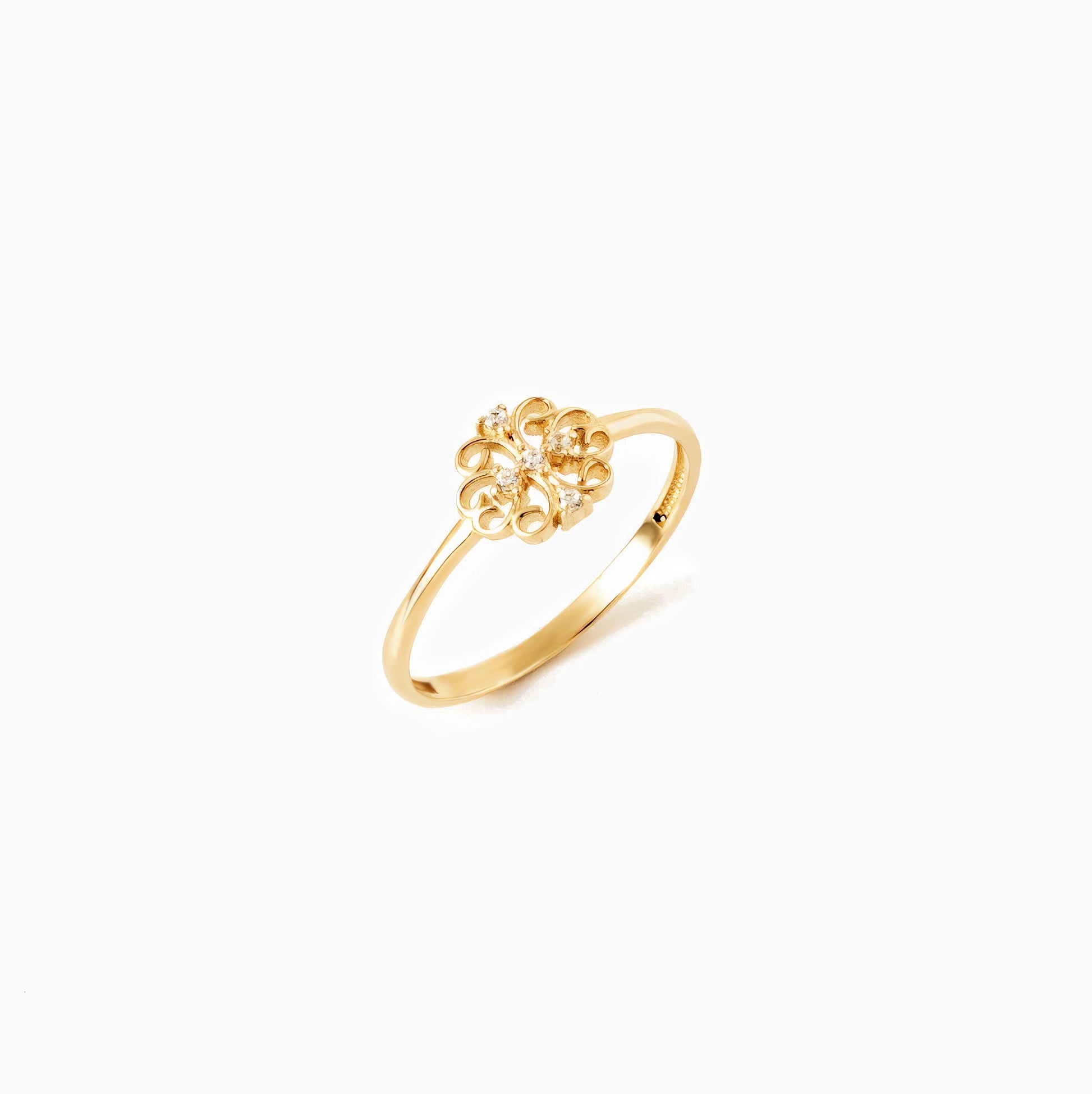 Livia 14K Goldring mit floralem Zirkonia-Design in hochglanzpoliertem Gold. Federleicht, Größen 52-58.