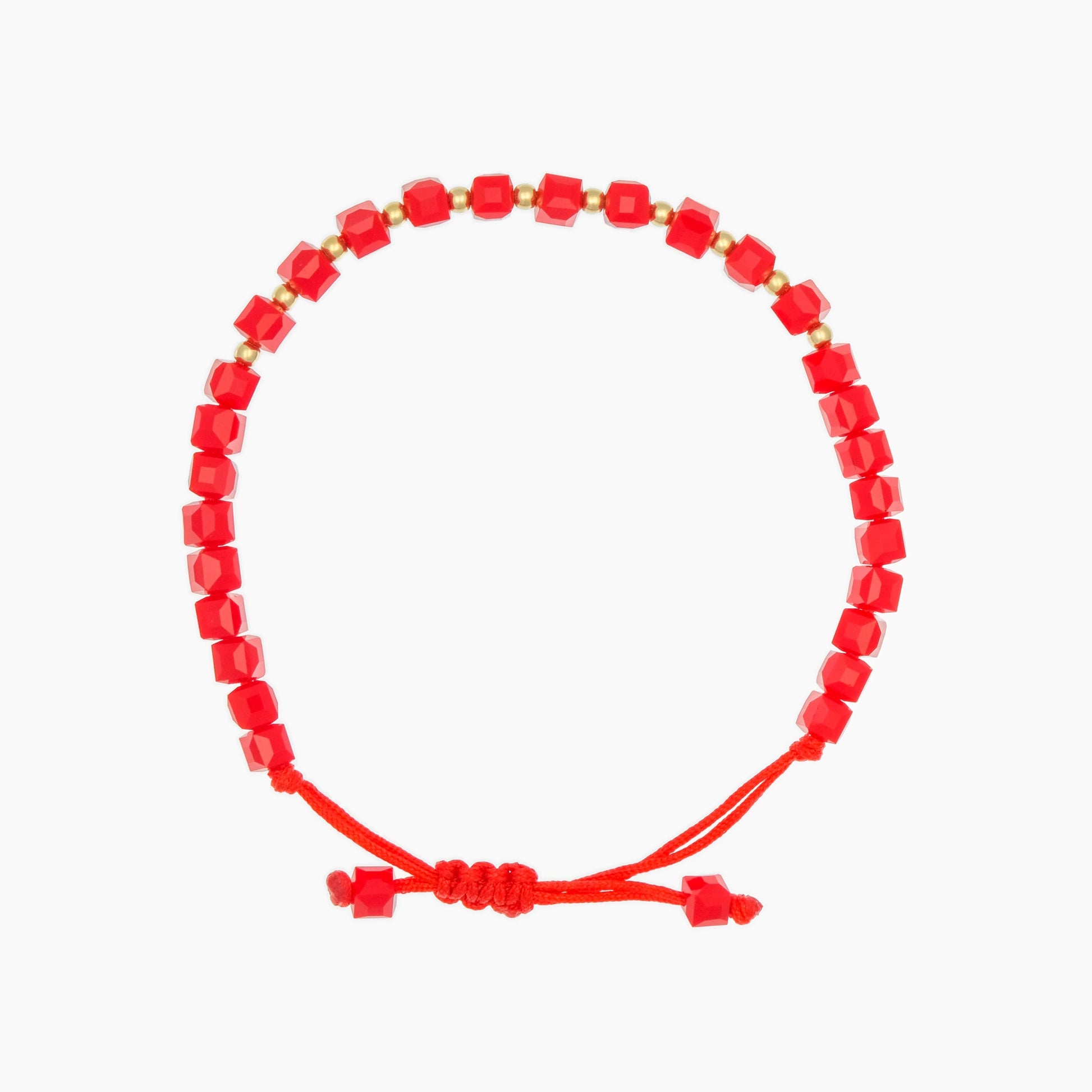 Rotes Shamballa-Armband mit goldenen Kugeln aus 14 Karat Echtgold und roten Zirkonia, Länge 24 cm, flexibel und edel.

