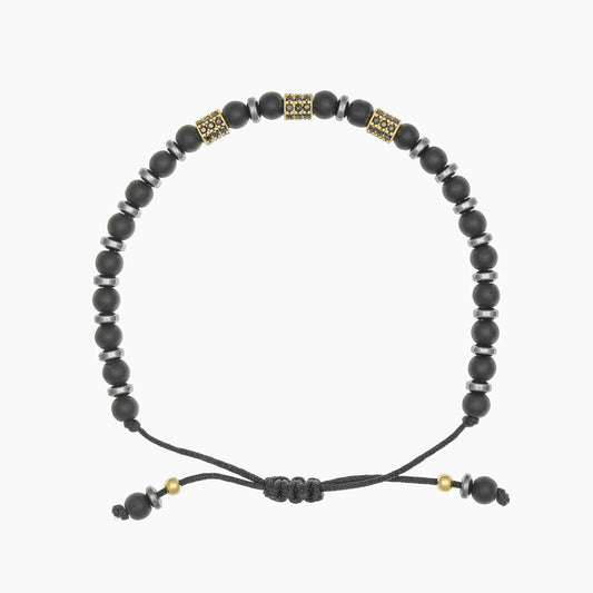 Schwarzes Shamballa-Armband mit Perlen, Rondellen und drei goldenen Röhrenperlen, anpassbar für alle Handgelenkgrößen, stilvoll und vielseitig tragbar.